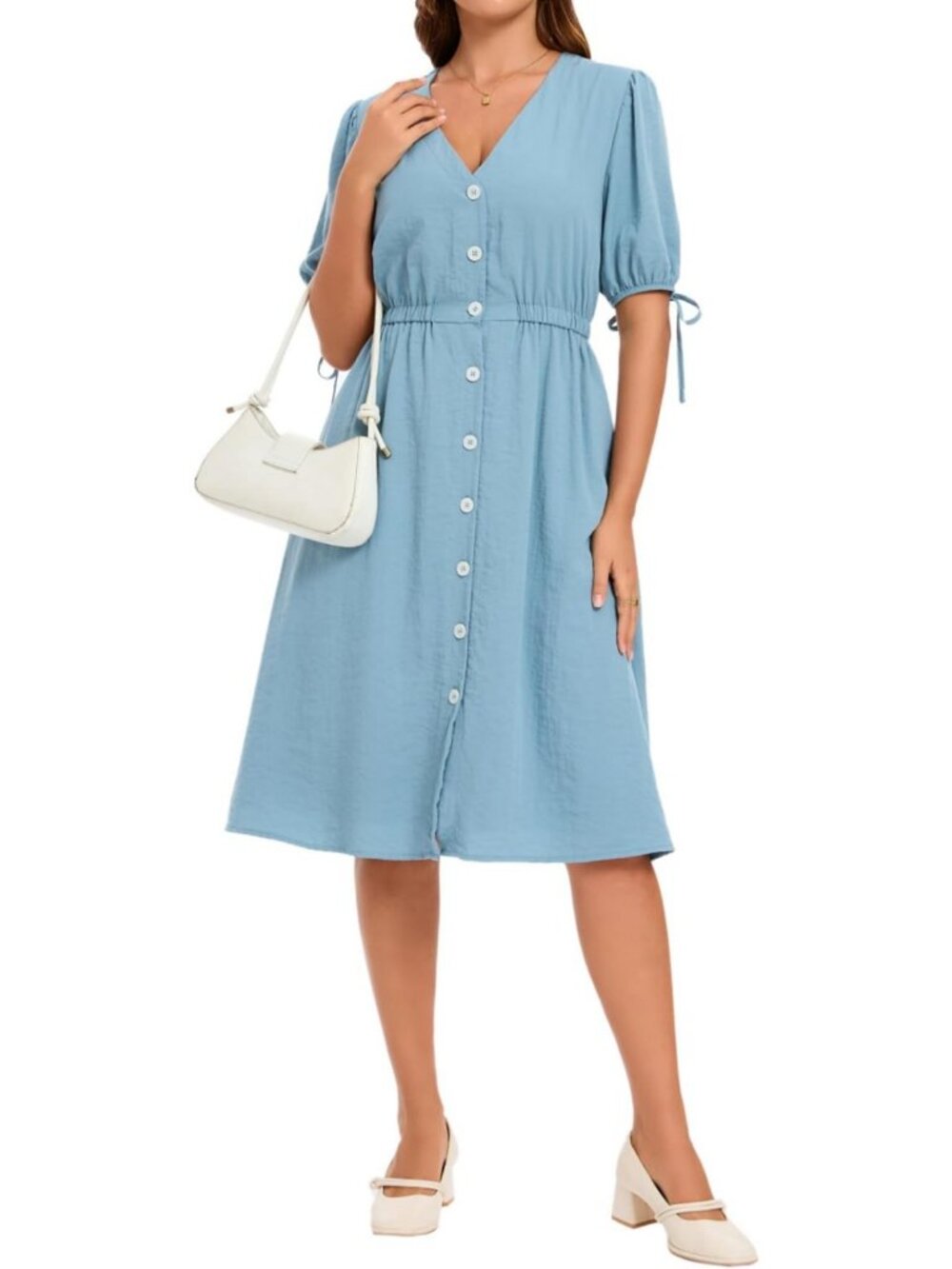 Chic A-Line Midi Dress with Puff Sleeves, V-Neck & Button Tie Detail - Casual